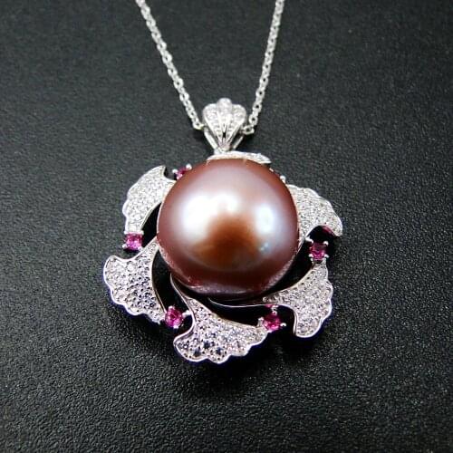 Wholesale 925 Sterling Silver Jewelry Flower shaped Halo CZ Necklace Round Cut Natural Pearl Pendant