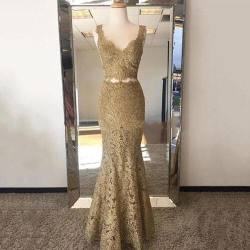 Prom Dress Sweetheart Neckline Thin Straps Golden Lace Evening Dress Lace Formal Party Gowns