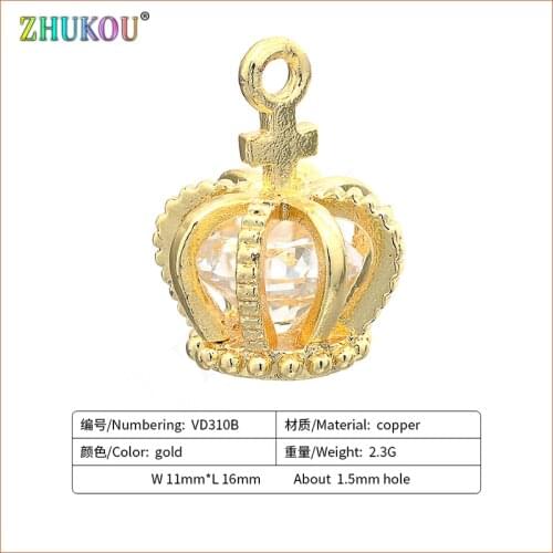 11*16mm Brass Cubic Zirconia CZ Crown Charms Pendants, Mixed Color, Hole: 1.5mm, Model: VD310