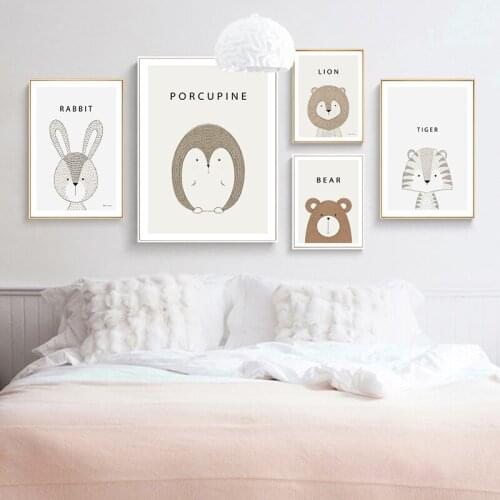 Nordic Poster Cute Cartoon Animal Print Rabbit Bear Wall Art Canvas Painting Modern Minimalist Wall Picture for Kids Baby Room