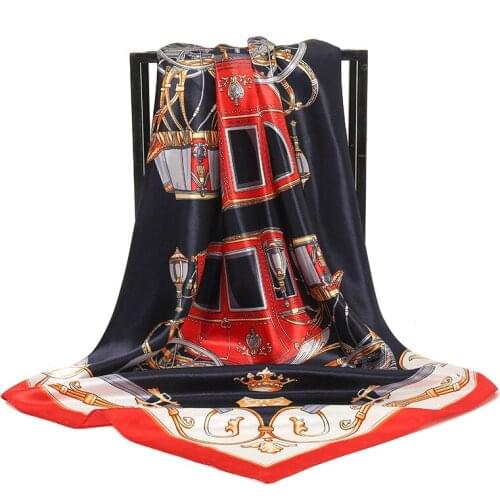 Retro Carriage Simulation Silk Scarf Shawl Decoration Scarf 90cm Satin Satin Print Square Scarf Four Seasons Scarf Decorate