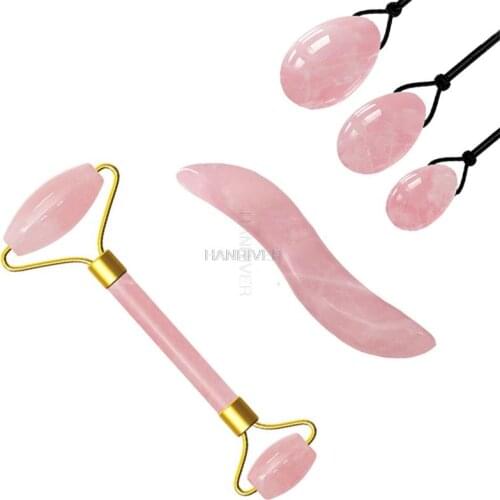 Rose Quartz Jade Roller S-shaped GuaSha Board Yoni Egg Jade Eggs Set Face Massage Crystal Stone Jade Massager Skin Face Roller
