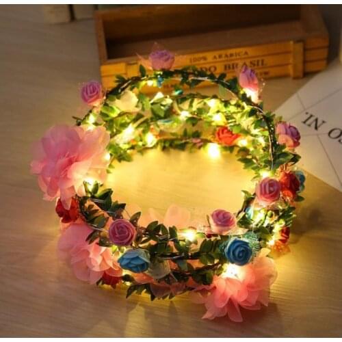 LED Light Beach Girl Wreath Flower Headband Floral Crown Garland lashing Light-up Flower Hair Garland Wedding Supplies SN1154