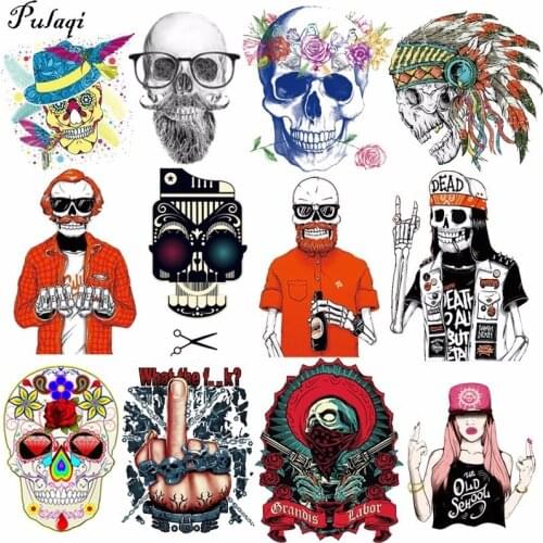 Pulaqi Punk Skull Iron-On Patch Big Size Pvc Heat Transfer Vinyl Stickers Biker Patches Iron On Transfers For Clothing Jacket H