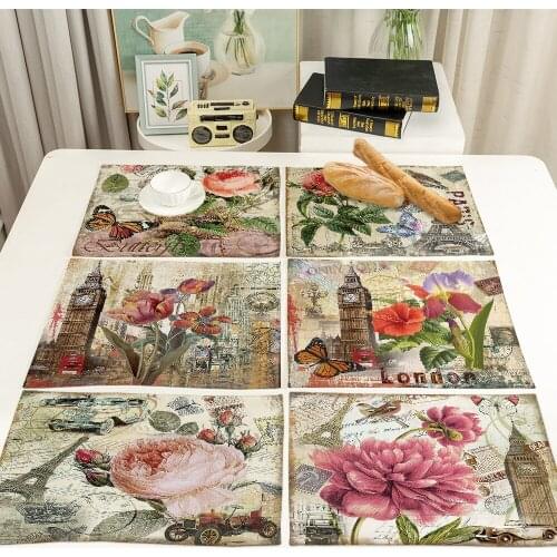 Vintage Flower Printing Non-slip Insulation Placemat Coaster Table Dinner Table Mats Cotton linen Pads Home Decor 42*32cm 0066