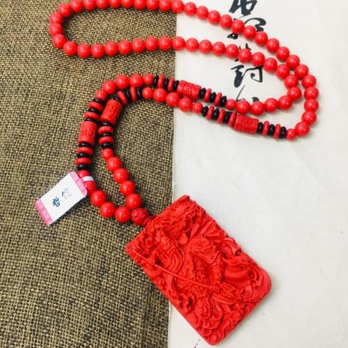 Zheru Jewelry Natural Cinnabar Carving Retro Broadsword Guan Gong Pendant with Tri-Color Bead Necklace Male Sweater Chain
