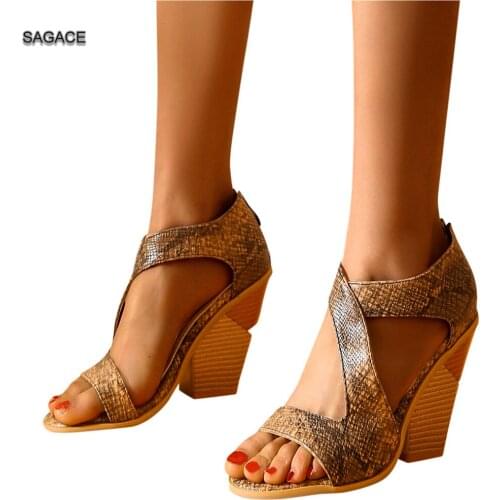 Womens Snake Print Open Toe Wedges Thick Bottom Rear Zipper Shoes Roman Sandals Fashion Female Slides Summer Shoes Sandalias