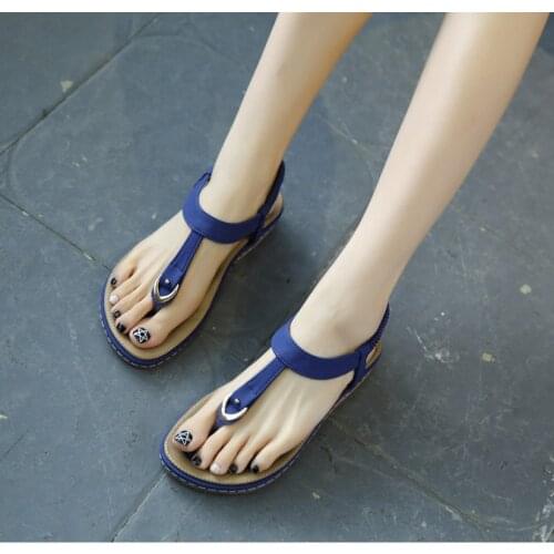 Summer 2021 New Style Sandals Womens Foreign Trade Metal Large Size Buckle Embroidery Thread Flat Shoes Wholesale One Drop