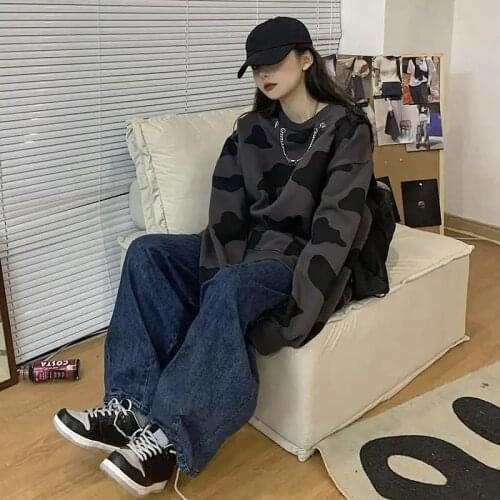 Y2K Street Sweatshirt Sweet Style Round Neck Chain Plus Size Upper Dress Top Women Fun Cute Kawaii Womens Cow Loose Harajuku