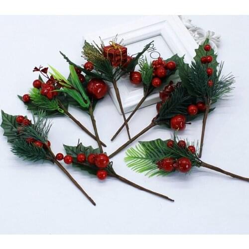 10pcs Artificial Christmas mixed Holly Pine berries Flower Stamens Pearl Branches DIY Party Wedding Decoration Gift Box