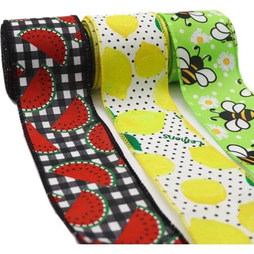2.5" 63MM Bee Burlap Ribbon Wired Edge Lemon Gingham Ribbon for Craft & DIY Bow, Wreath, 5 /10 Yards Y2021043002