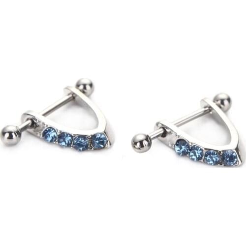 2PCS Nipple piercing16G Nipple Bars Ring V Shape Blue Rhinestone nipple barbells shields for women nipple chains body jewelry