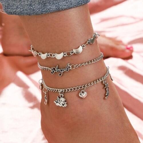 3 Pcs/Set Classic Women Anklets Set Moon Letter Angel Heart Pendant Silver Color Anklet Fashion Beach Party Female Jewelry