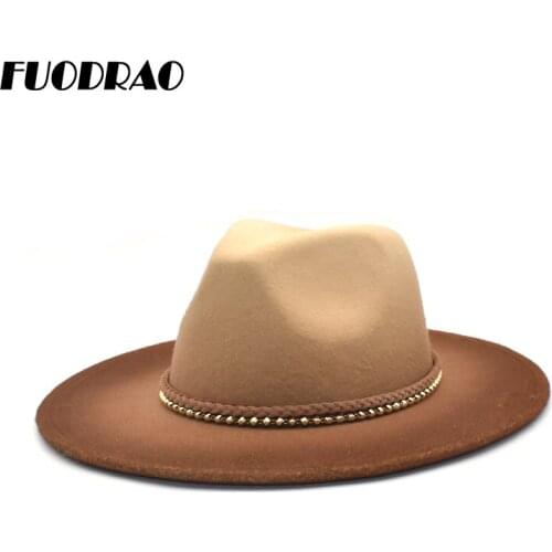 FUODRAO New Fedora Hat Women Large Brim Autumn Winter Wool Bowler Hat Gradient Color Panama Vintage Jazz Cap Men Wholesale D10