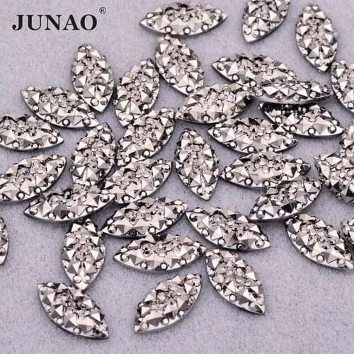 JUNAO 100pc 7x15mm Gun Black Horse Eye Flatback Rhinestone Applique Resin Stones and Crystal Non Hotfix Cabochon Gems for Crafts