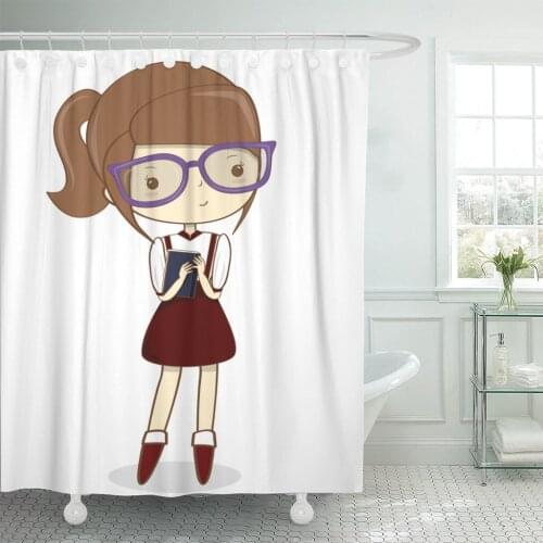 Brown Cartoon Nerdy Girl Purple College Glasses Preppy Book Shower Curtain Waterproof Polyester Fabric 60 x 72 Inches Set