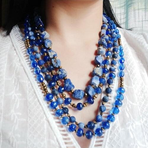 Lii Ji Gold Blue Statement Necklace Sodalite Blue Crystal Hematite Mutil Strands Necklace 57cm Women Jewelry Party Gift