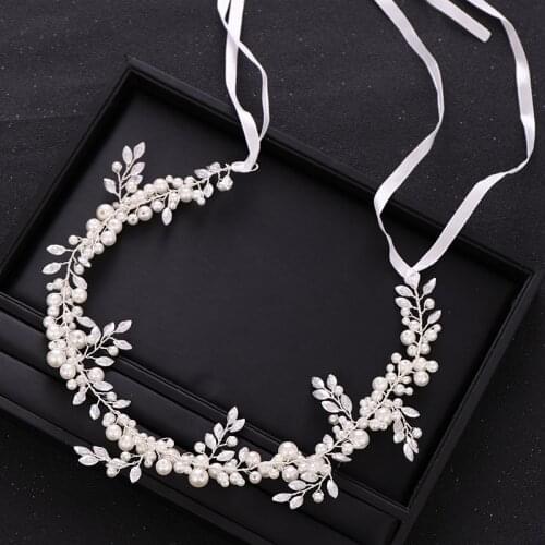 Trendy Wedding Hair Accessories Silver color Leaf Crystal Pearl Headband Bridal Headdress Tiara Prom Handmade Headwear Jewelry