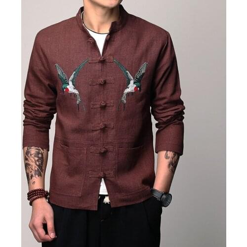 Mens Traditional Chinese Clothing Cotton Linen Tang Suit Men Bird Embroidered Kung Fu Tai Chi Master Jackets Male Tops