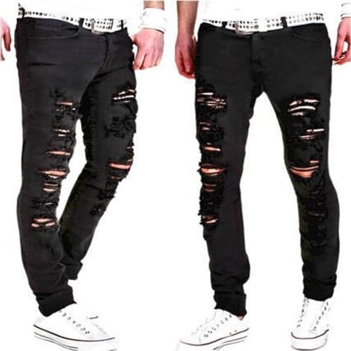 NEW 2020 Spring autumn black streetwear Ripped Hole Solid harem Casual hip hop Denim ripped jeans for men vaqueros hombre