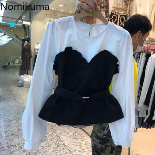 Nomikuma Spring New Fake Two Pieces Blouse Shirt 2021 Korean Hit Color Patchwork Women Tops Belt Slim Waist Elegant Blusas 6D855