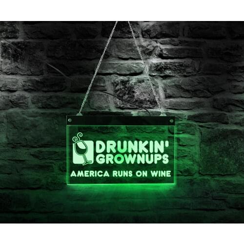 Drunking Grownups Night Light Display LED Neon Sign America Runs on Wine Colors Changing USB LED Light Board Wine Party Decor