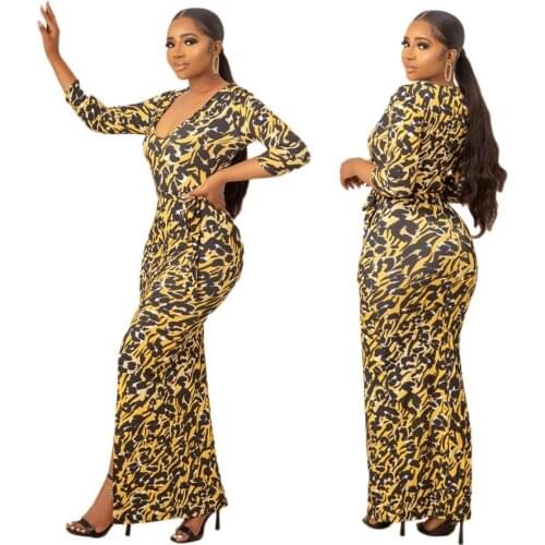 Autumn Print Evening Party Sexy Dresses For Women 2021 Deep V Neck Long Sleeve Bodycon Dress Ladies Club Long Maxi Dress