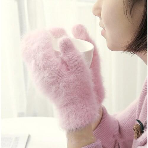 New Winter Cute Rabbit Fur Gloves Female Mittens Outlet Wool Plush Warm Gloves Fingerless All Fingers Gloves Women Girls Mittens