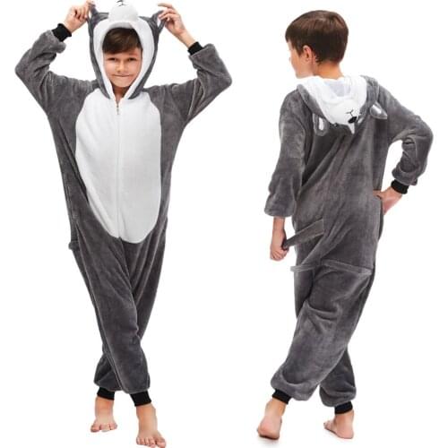 Kigurumi Pajamas Wolf Costume Winter Flannel Warm Baby Animal Overalls Jumpsuit Onesie Panda Sleepwear Girls Cosplay Pyjama