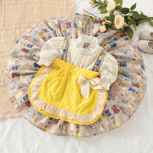 Girls Dress Children Gowns Lolita Style Print Princess Kids Birthday Party Summer Toddler Dresses with Apron 0-5Y