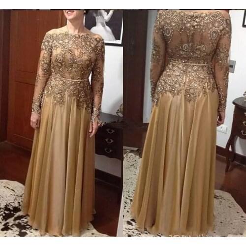 Champagne Mother Of The Bride Dresses A-line Long Sleeves Chiffon Appliques Beaded Long Groom Mother Dresses For Weddings