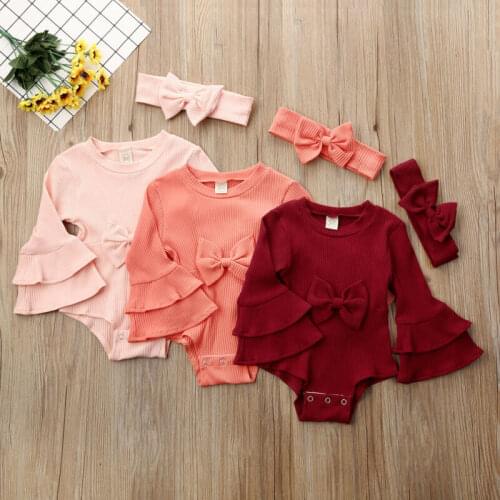 Newborn Baby Girls Knitted Romper Flare Sleeve Ruffle Bowknot Bodysuit with Headband Autumn Clothes Set