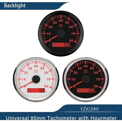 Universal 85mm 7000RPM Tachometer Engine RPM REV Counter with Hourmeter 9-32V with Red Backlight