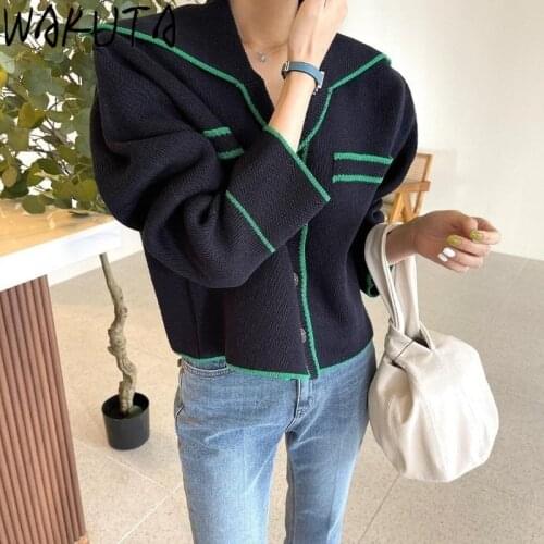 WAKUTA Sailor Neck Knitting Cardigans 2021 Ins Korean Fashion Puff Sleeve Loose Elegant Sweaters Office Lady Autumn Spring Tops