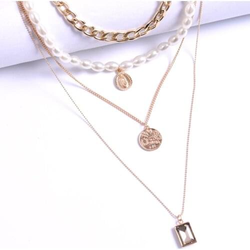 Manufacturers directly sell retro coins and rhinestone necklaces wholesale personality temperament multi-layer pearl necklace
