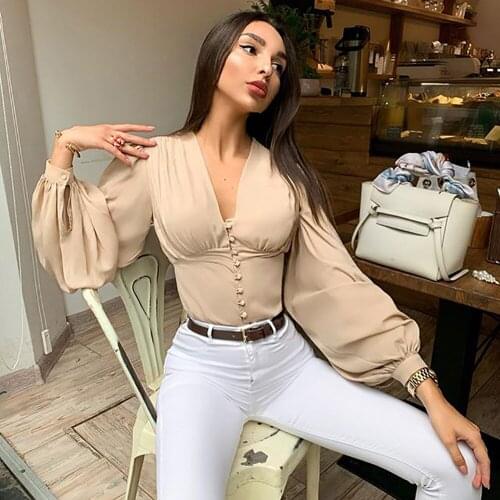 Spring And Autumn Womens Shirt European And American Solid V-neck Button Long Sleeve Bubble Sleeve Slim shirt Womens Top