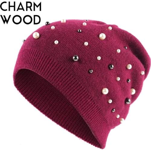 Handmade Pearl Dot Accessory Design Women Beanie Hat Winter Double Layer Cashmere Knitte Hat Female Autumn Women Wool Cap