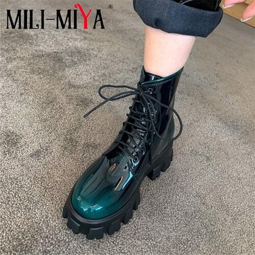 MILI-MIYA New Arrival Women Cow Leather Ankle Boots Lace-Up Round Toe Square Heels Motorcycle Boots Spring Autumn Martin Shoes