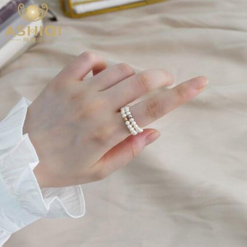 ASHIQI Natural Freshwater Pearl Ring 925 Sterling Silver Gold Bead Silver Bead Stacked Jewelry Women