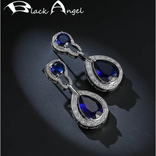 BLACK ANGEL Water Drop Shaped Luxury Sapphire Dark Blue Gemstone Women Drop Earrings 925 Sterling Silver Jewelry Christmas Gift