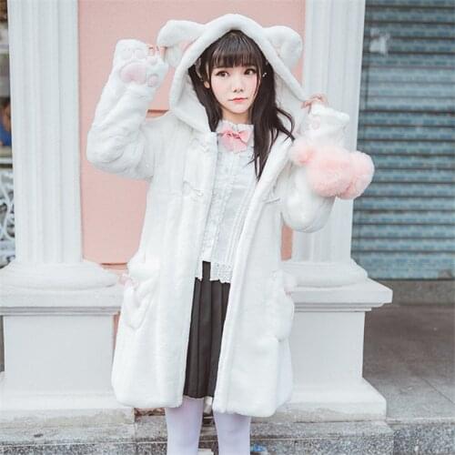 Women Winter Cartoon Fur Coats Japanese Kawaii Sweet Cat Paw Embroidery Faux Fur Soft Sister Long Warm Overcoat With Ears Hooded