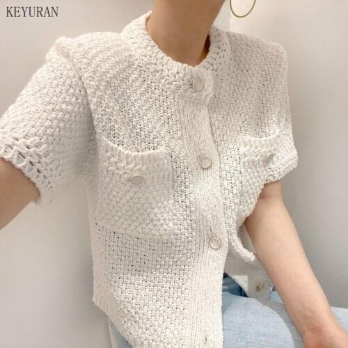 Summer Sweater Women 2021 Korean Chic Simple Round Neck Single-Breasted Loose Solid Color Short-Sleeved Cardigan Knitted Tops