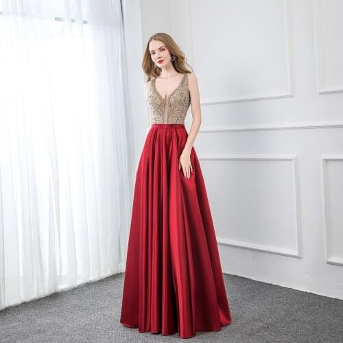 Elegant Red Long Prom Dresses 2020 Deep V Neck Satin Crystals Beaded Formal Women Evening Gown Backless Side Pocket