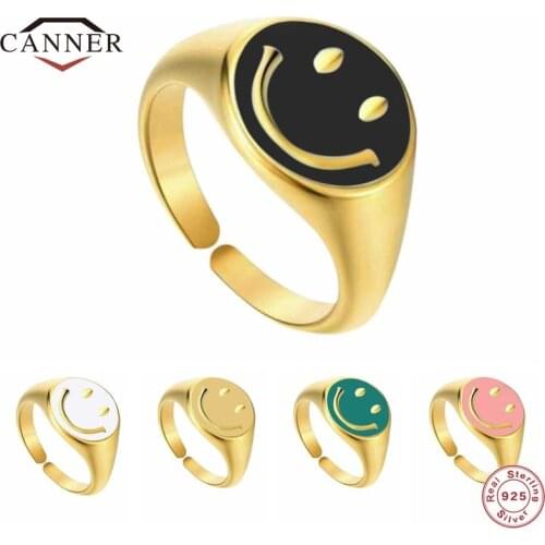 CANNER 925 Sterling Silver Open Size Adjustable Finger Ring for Women Smile Enamel Drip Oil Rings Jewelry Anillos Wedding Gifts
