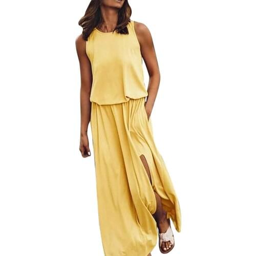Maxi Dresses For Women 2021 Fashion Womens Solid Color Round Neck Sleeveless High Waist Split Dress Vestidos De Mujer Casual