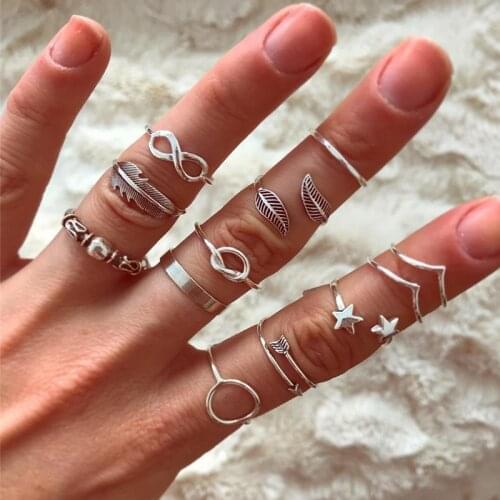 12 Pcs/Set Fashion Rings Silver Color Leaf Feather Arrow Star Wave Finger Ring Set Women Bohemian Charm Jewelry Gifts