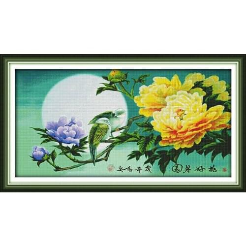 Blooming Flowers And Full Moon (peony) Chinese Cross Stitch Kits Ecological Cotton Printed 11CT DIY Gift Christmas Decoration