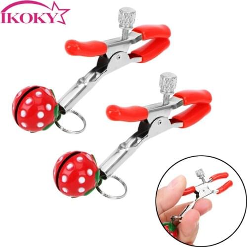 IKOKY Erotic Breast Clips Nipple Stimulator Adult Games Sex Toys for Couples Flirting Nipple Clamps Metal Strawberry Color
