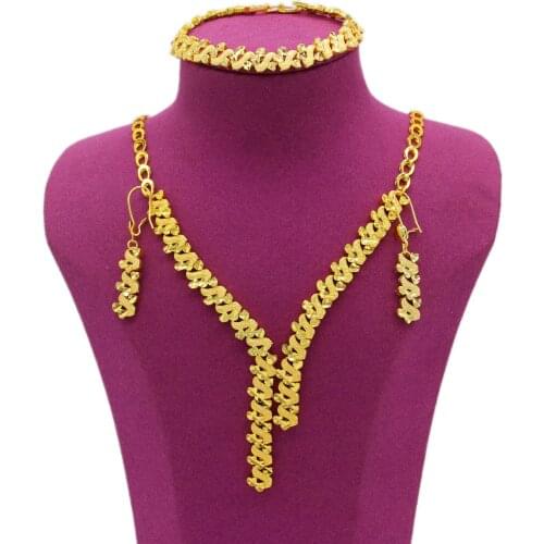 WAVE SHAPE Dubai/African/Ethiopian 24K Gold Color Necklace&Earrings&Bracelet Jewelry Set For Women Bridal Wedding Party Gifts