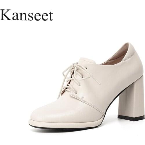Kanseet Cross-Tied Genuine Leather Women Shoes 2021 Spring Autumn High Heels Women Pumps Party Prom Handmade Black Plus Size 42